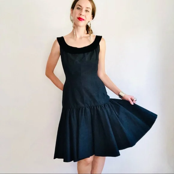 black 60s shift dress 60s Black Satin Trimmed Shift Dress main image 0